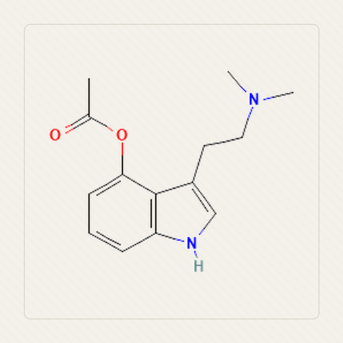 4-AcO-DMT O-acetylo-psylocyna, molekulistruktuuri õppeillustratsioon