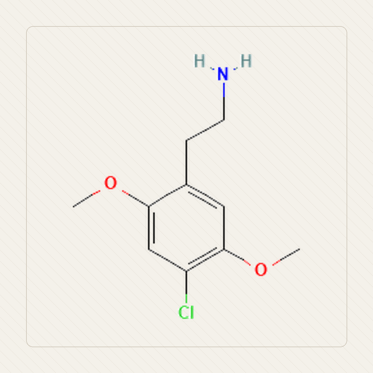 2C-C 2,5-dimetoksy-4-chlorofenetyloamina, molekulistruktuuri õppeillustratsioon