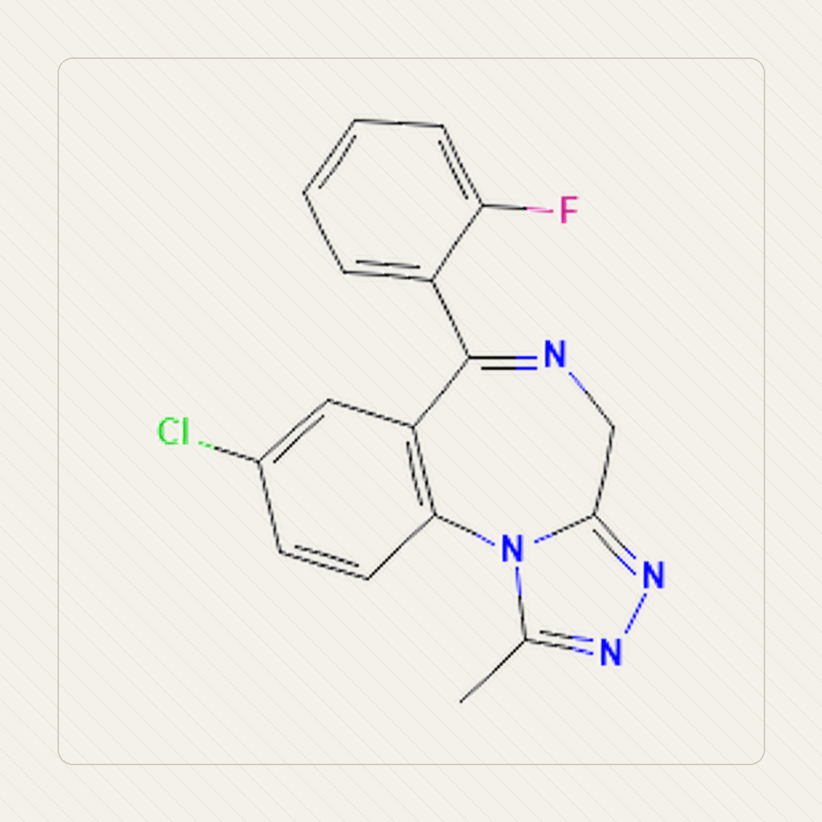 Flualprazolam, molekulistruktuuri õppeillustratsioon