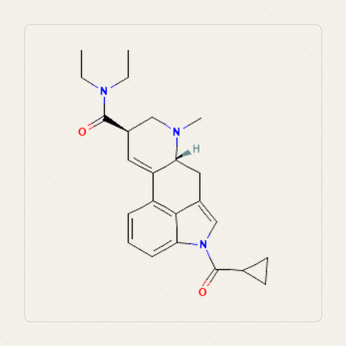 1cP-LSD 1-cyclopropionylo-LSD, molekulistruktuuri õppeillustratsioon