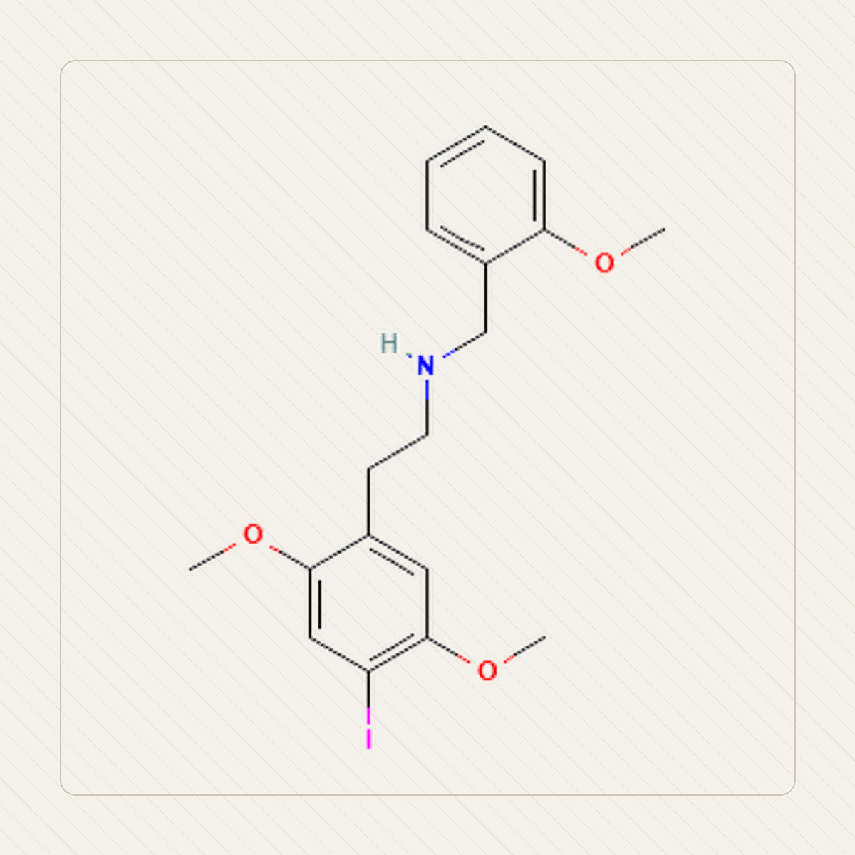 25I-NBOMe 2C-I-NBOMe, molekulistruktuuri õppeillustratsioon