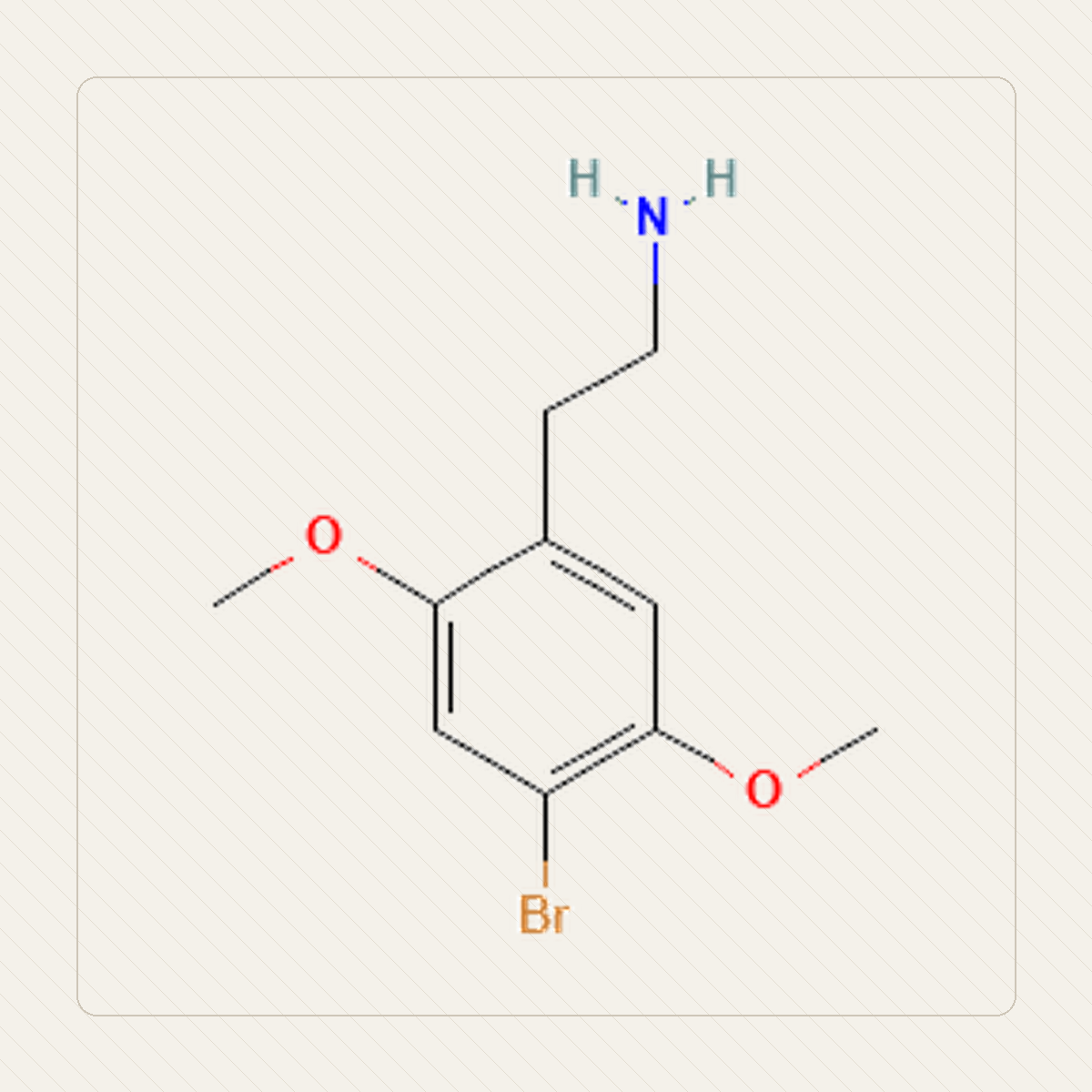 2C-B 4-bromo-2,5-dimetoksyfenetyloamina, molekulistruktuuri õppeillustratsioon
